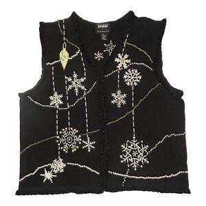Design Originals Studio Joy Christmas Sweater Vest Holiday Black Snowflakes XL